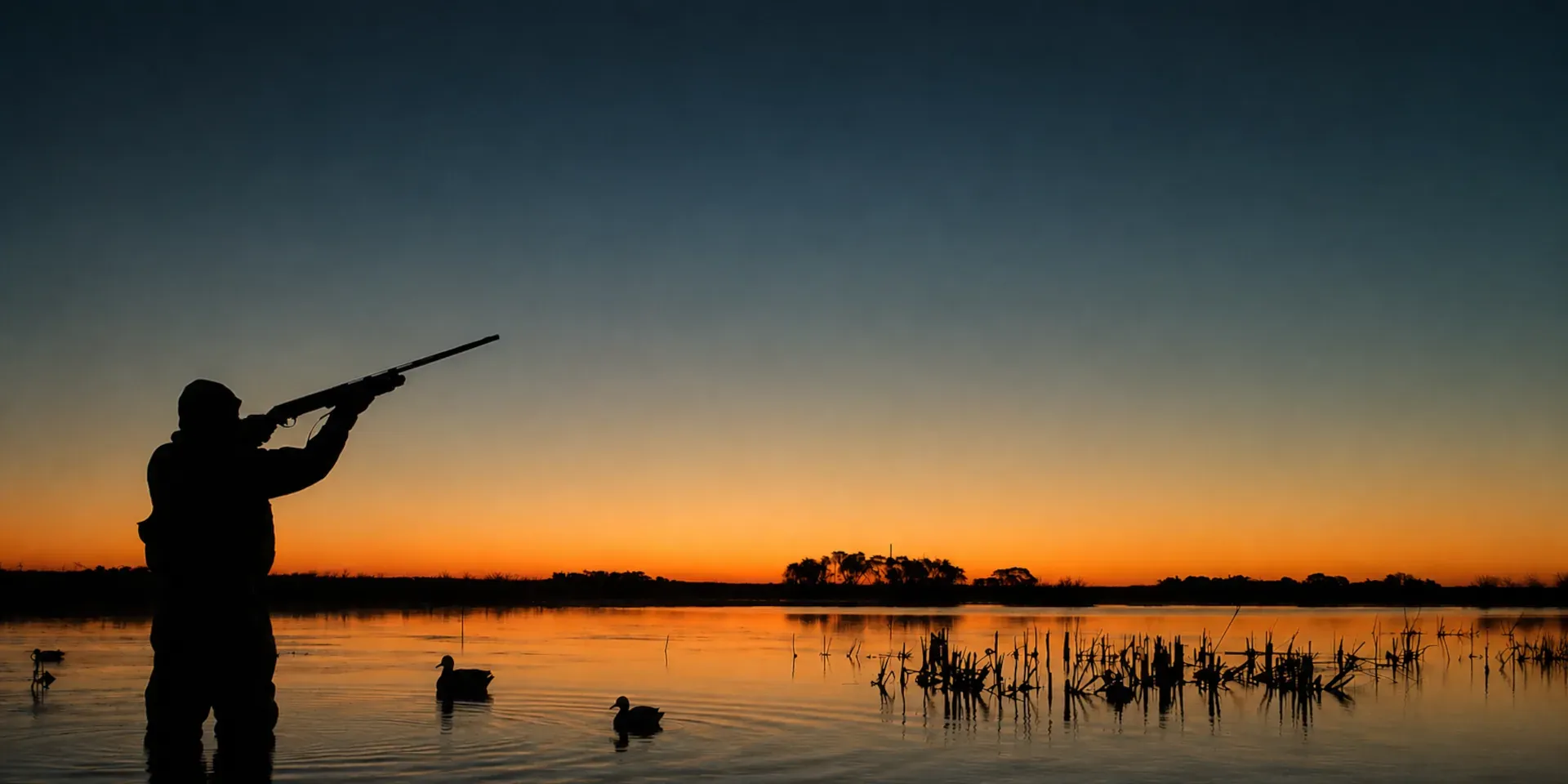 Duck hunter in a Kansas marsh at sunrise