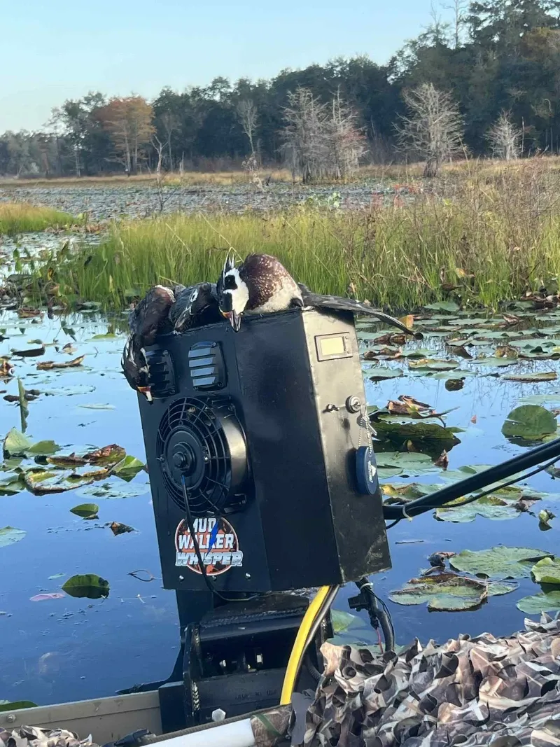 Electric mud motor surface drive with ducks on top after a hunt.